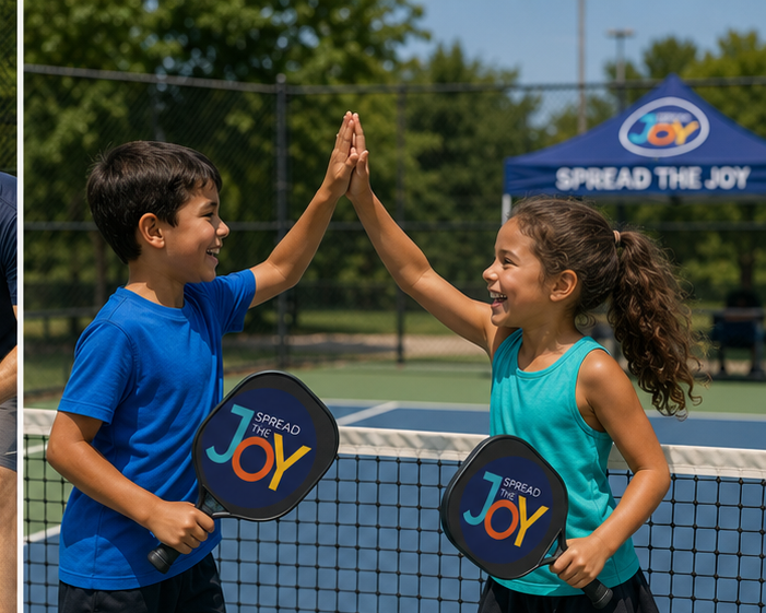 Two kids high-fiving with Spread the Joy paddles