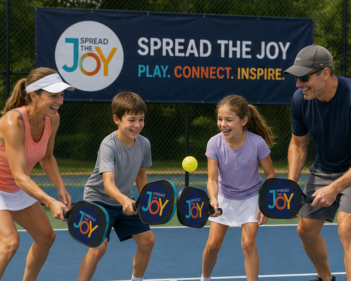 Family playing pickleball with Spread the Joy paddles